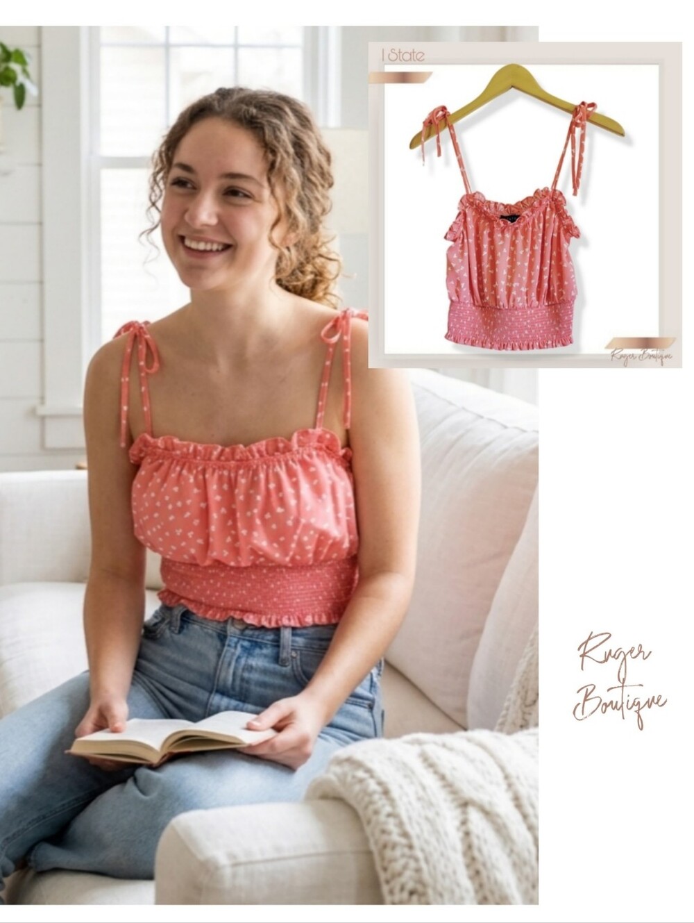 🌿1 State Coral Pink White Smocked Crop Top Boho Ruffle Tie Strap Small Small